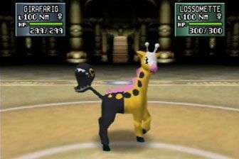 Pokémon Stadium 2 Screenshot (PokémonStadium.com): An unusual Normal- and Psychic-type Pokémon, Girafarig's tail packs quite a punch.