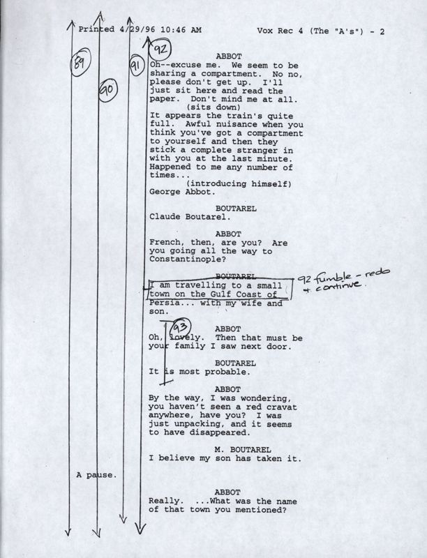 The Last Express Concept Art (Jordan Mechner papers (The Strong, National Museum of Play)): Voice recording script 2