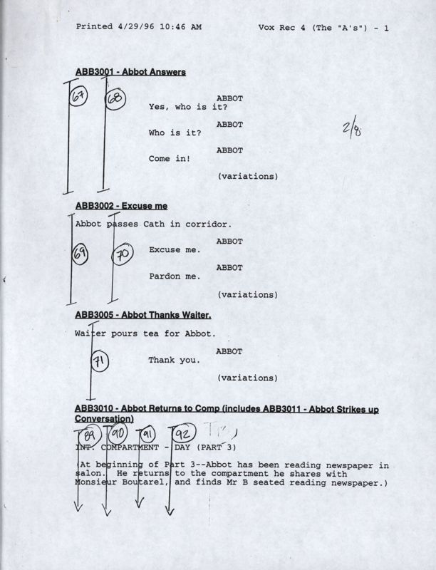 The Last Express Concept Art (Jordan Mechner papers (The Strong, National Museum of Play)): Voice recording script 1