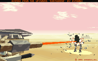 Metaltech: EarthSiege Screenshot (Preview screenshots, 1994-05-26): "Firing for effect" with an EMP cannon (desert terrain)