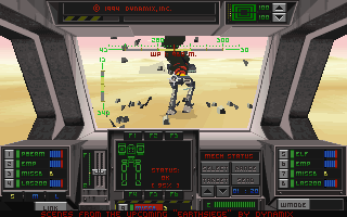 Metaltech: EarthSiege Screenshot (Preview screenshots, 1994-05-26): Cockpit view of a Cybrid's death (desert terrain)