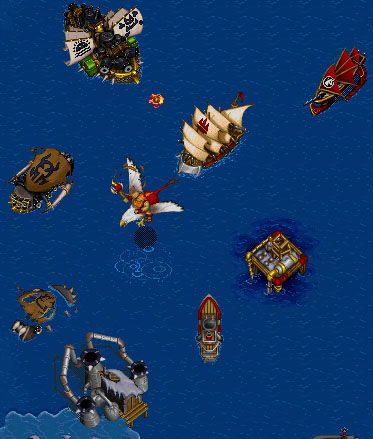 WarCraft: Battle Chest Screenshot (Blizzard Entertainment website, 1996): Human air and sea units stage a raid on an Orcish refinery.