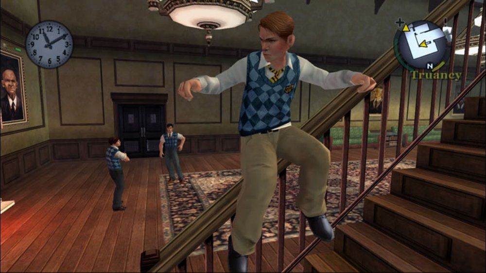 Bully: Scholarship Edition Screenshot (Xbox.com product page): Going down the stairs in style