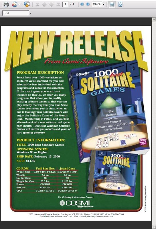 1000 Best Solitaire Games Other (Product Information Sheet)