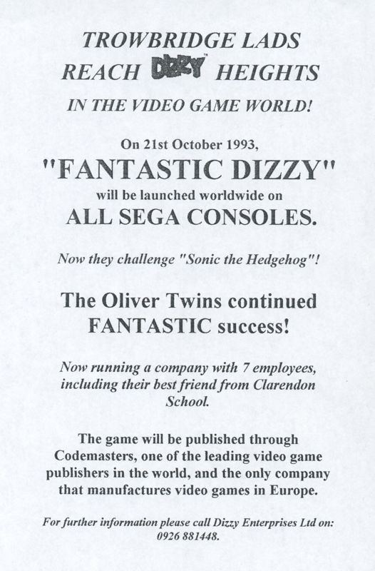 The Fantastic Adventures of Dizzy Concept Art ("Oliver Twins" development materials): Press release