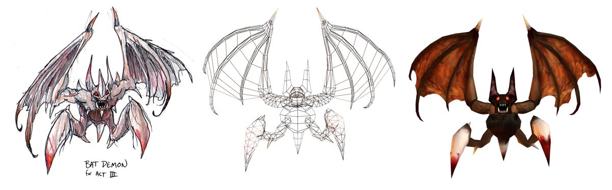 Diablo II Concept Art (Unsorted Artwork): Bat Demon Sketches and Final