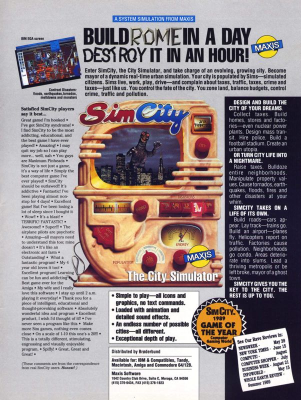 SimCity Magazine Advertisement (Magazine Advertisements): Computer Gaming World (United States) Issue 65 (November 1989)