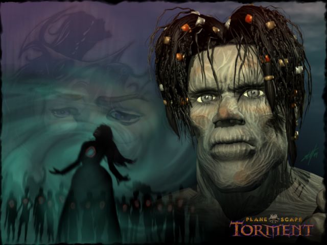 Planescape: Torment Wallpaper (Planescape-Torment.com - Wallpapers): Tears Here's some funky fresh wallpaper art for you from Scampy Campanella and the Torment art krew. This image features our hero, the Nameless One. It also features a bunch of dudes with hole in their chests. Ouch! That smarts! And hey, what's that woman doing up there crying? What did you do to make her cry, you mean Nameless One, you? Download this wallpaper now -- if you know what's good for you.