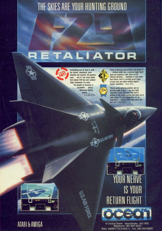 F29 Retaliator Magazine Advertisement (Magazine Advertisements): CU Amiga Magazine (UK) Issue #2 (April 1990). Courtesy of the Internet Archive. Page 16