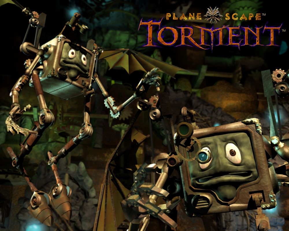 Planescape: Torment Wallpaper (Planescape-Torment.com - Wallpapers): Modron Here's a new, cool wallpaper for you from the Black Isle art crew. This image features the mechanical modrons -- extremely orderly beings from a place called Mechanus. The modrons are clockwork creations, focusing all of their energy and attention on maintaining the huge gears that keep Mechanus working.