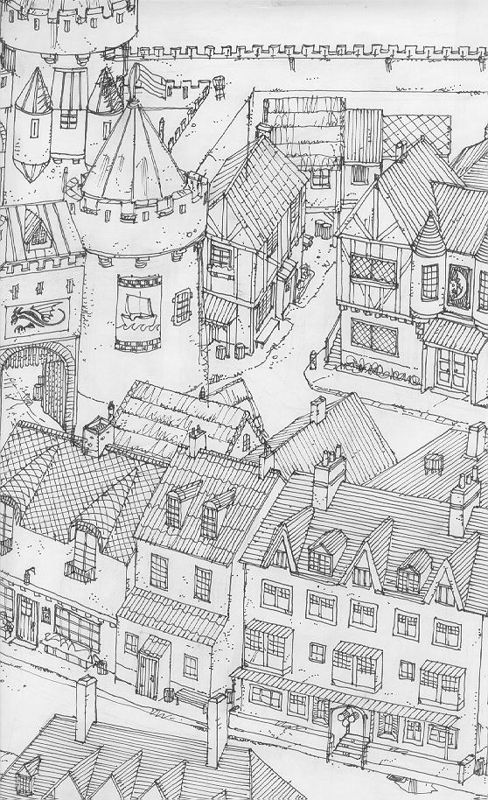 Baldur's Gate Screenshot (DragonPlay.com - Baldur's Gate Concept Art): Town 1 Baldur's Gate has been meticulously concepted, first in pencil, then in ink. It takes up an entire wall at Bioware -- it's roughly seven and a half feet by eight feet -- and will take up about 256 640x480 screens in the game. Here are a few more sections of it: