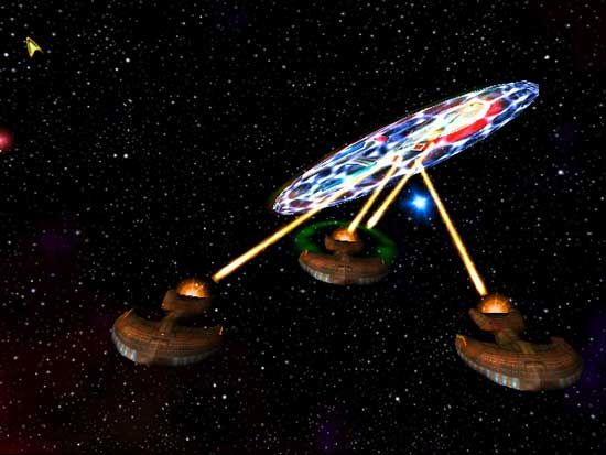 Star Trek: Armada Screenshot (Assorted material): A Federation Sovereign ship thwarts the Ferengi attack with its Corbomite Reflector. 9 February 2000