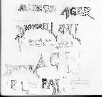 The Elder Scrolls: Chapter II - Daggerfall Concept Art (MJonesGraphics.com - Daggerfall Logo): Concept Sketches - Logo 08 Various fonts were tried. Finally one was create from scratch in Alias. This sped any changes that were required as just a re-render was needed after each alteration. The hilt was created in Painter and pasted onto a "card" in Alias. I wanted the font to have a blade like look to it, which is why I have the edges beveled like a blade.