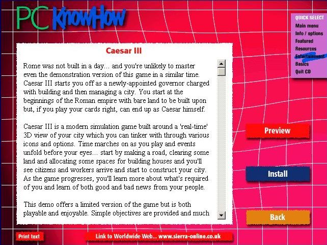 Caesar III Screenshot (PC KnowHow: Caesar III): This is how the game was described on the PC KnowHow menu system