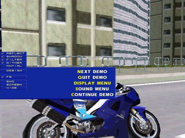 Moto Racer 2 Screenshot (Demo version screenshots (1999)): Demo version: The player can turn effects on and off as well as select the rolling demo of their choice