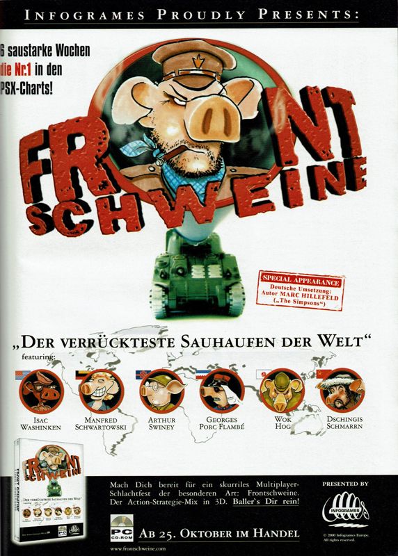 Hogs of War Magazine Advertisement (Magazine Advertisements): PC Player (Germany), Issue 11/2000