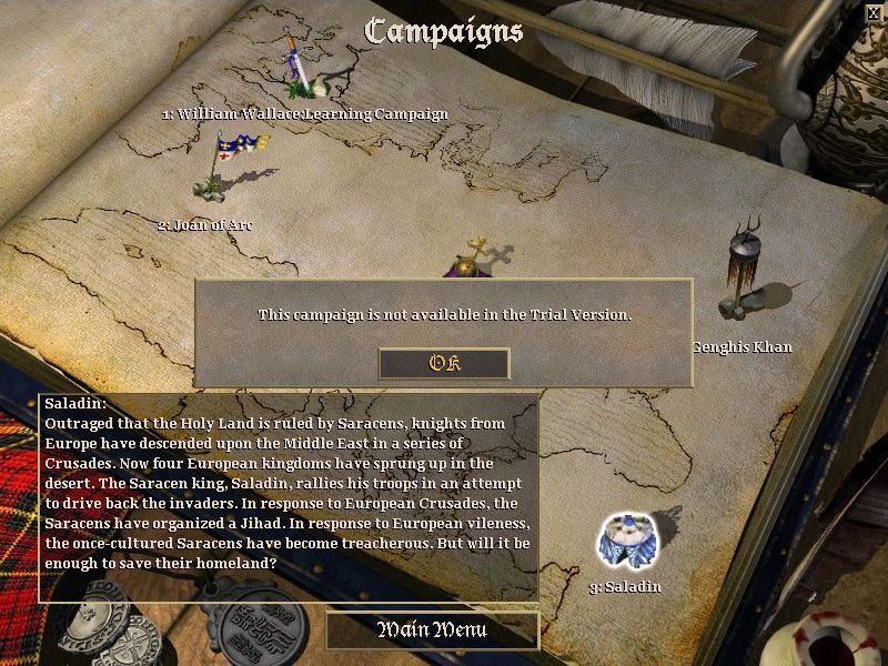 Age of Empires II: The Age of Kings Screenshot (PC Strategy Games (April 2000)): In the trial game only the William Wallace: Learning Campaign is available