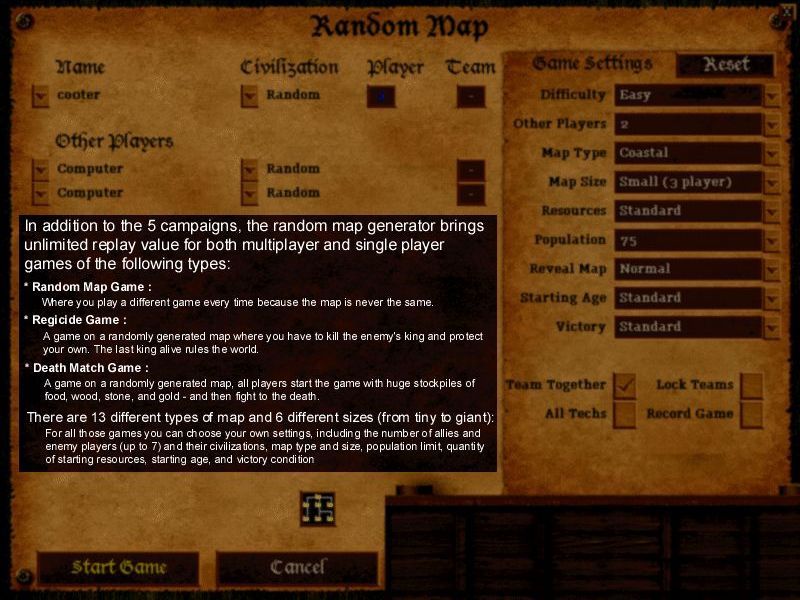 Age of Empires II: The Age of Kings Screenshot (PC Strategy Games (April 2000)): random Map, regicide and Death Match features are not available in the trial game but their description is