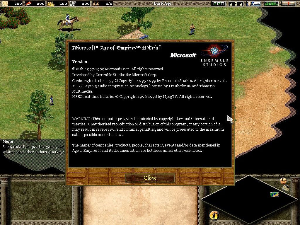 Age of Empires II: The Age of Kings Screenshot (PC Strategy Games (April 2000)): The trialgame's 'About' screen