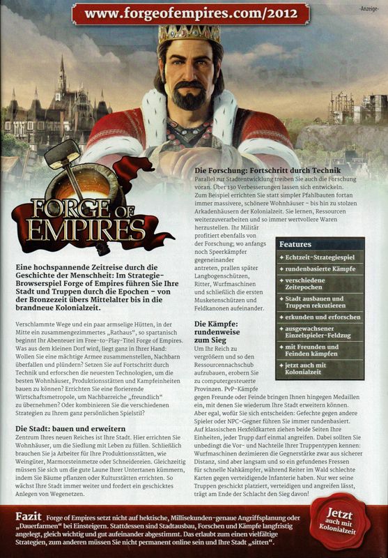 Forge of Empires Magazine Advertisement (Magazine Advertisements): GameStar (Germany), Issue 12/2012