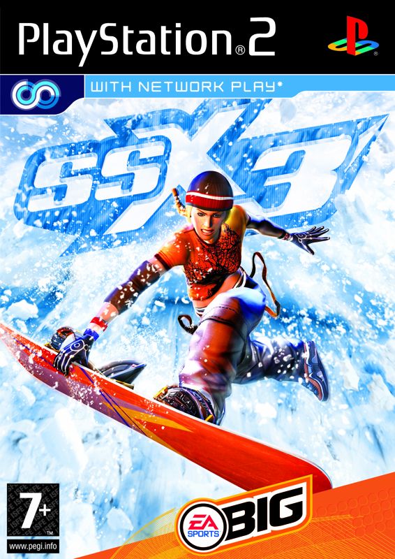 SSX 3 Other (Electronic Arts UK Press Extranet, 2003-10-21): UK cover art - PlayStation 2 - with network play and PEGI 7 rating - CMYK