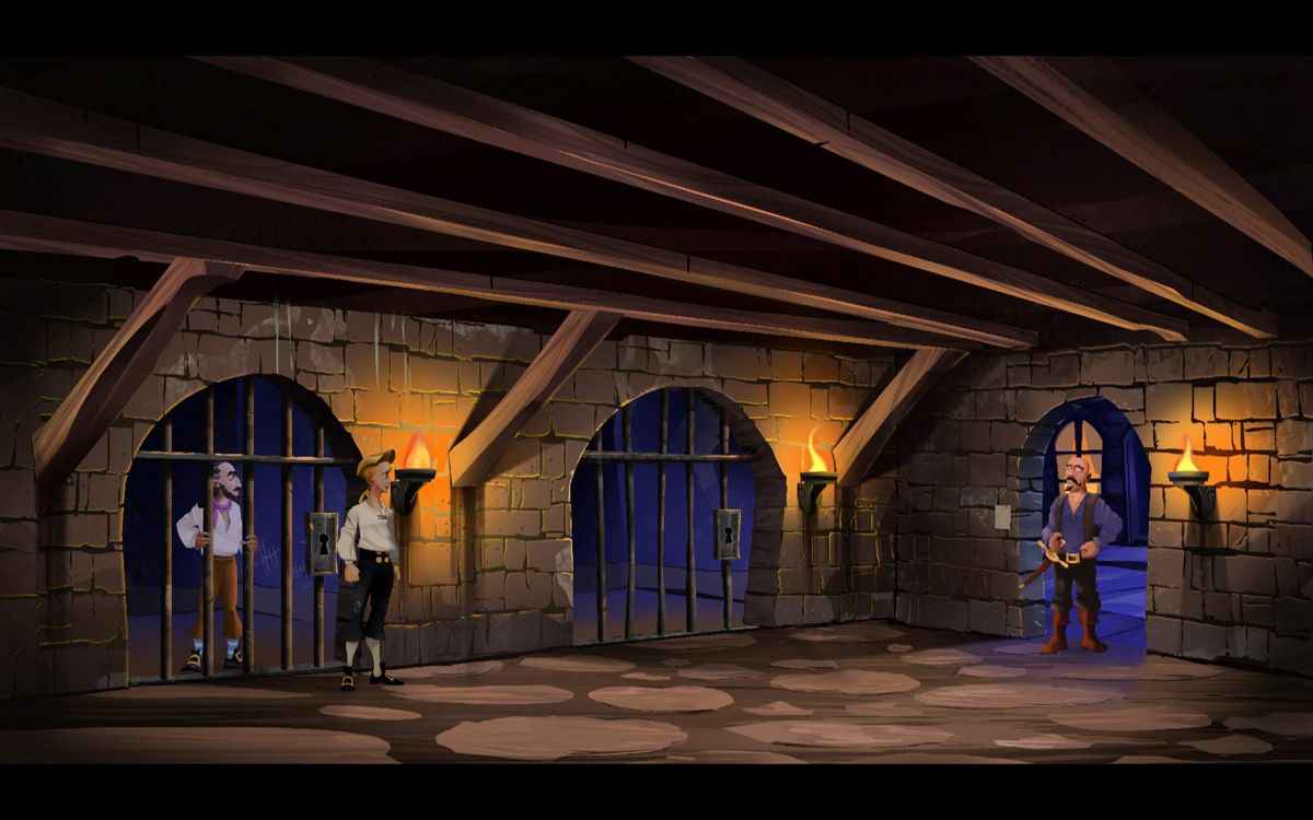 The Secret of Monkey Island: Special Edition Screenshot (Steam store page): Fester Shinetop confronts Guybrush (new graphics)