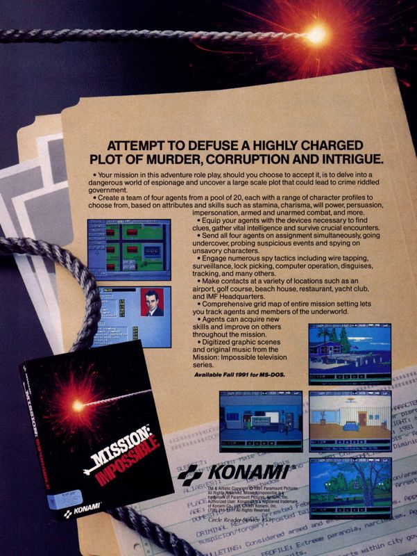 Mission: Impossible Magazine Advertisement (Magazine Advertisements): Computer Gaming World (United States) Issue 89 (December 1991)