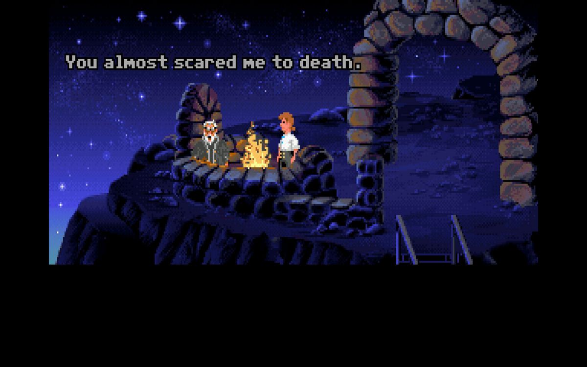 The Secret of Monkey Island: Special Edition Screenshot (Steam store page): Guybrush and the lookout of Mêlée Island (new graphics)