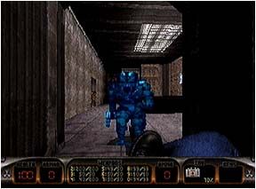 Duke Nukem 3D Screenshot (Sega.com, Saturn Version, 1998): First freeze enemy. Then kick and shatter enemy.