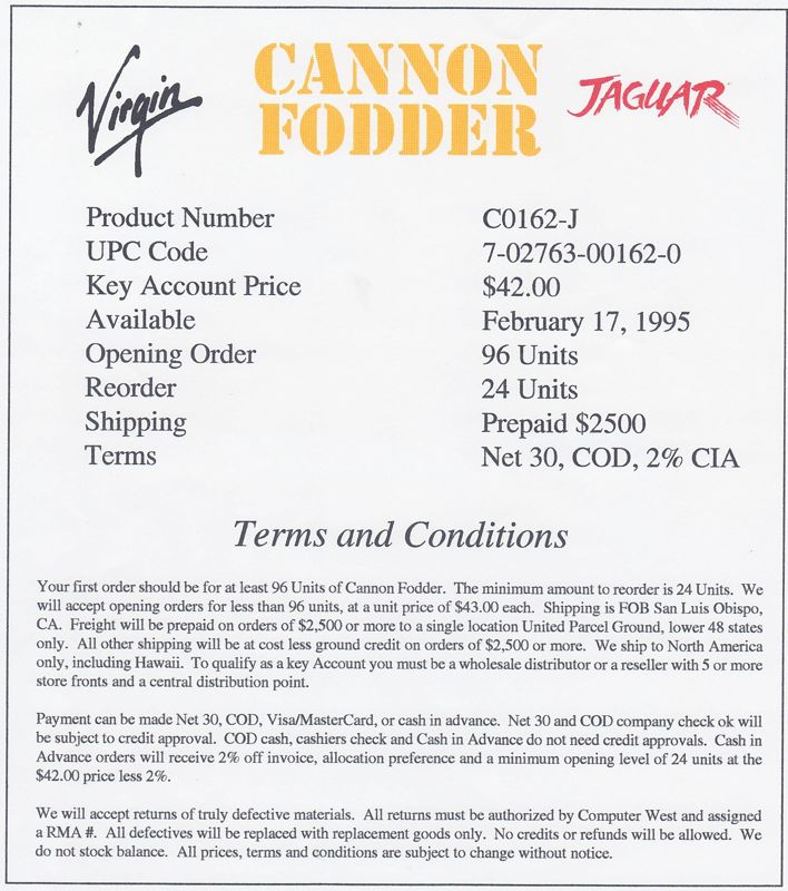 Cannon Fodder Other (8 1/2" X 11" Mini-Poster/Sales Flyer): 8 1/2" X 11" Mini-Poster/Sales Flyer Back