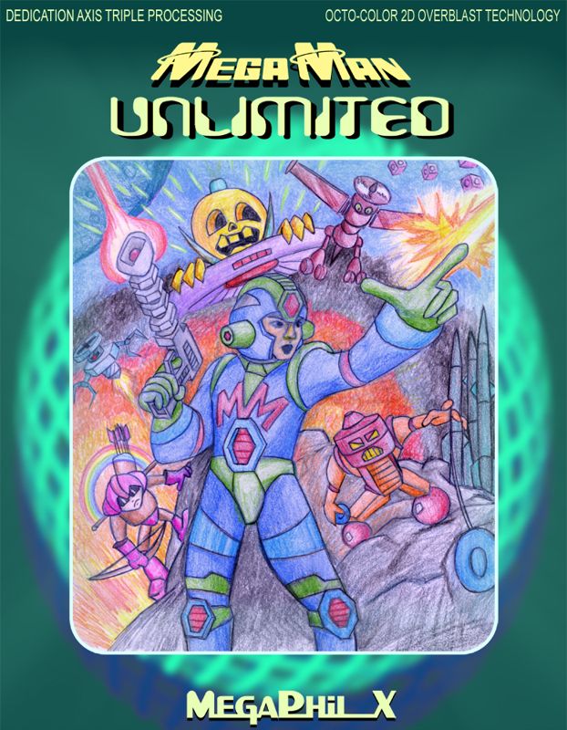 Mega Man Unlimited Logo (Unused Cover Art): Deliberately bad cover art based on that of the initial Mega Man's, and is similarly off-model. Circa 2010.