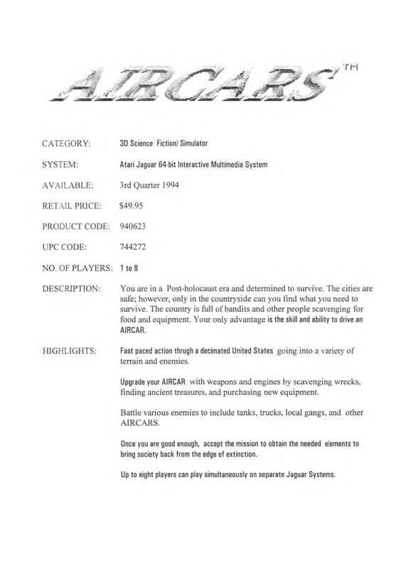 AirCars Other (8 1/2" X 11" Mini-Poster/Sales Flyer): 8 1/2" X 11" Mini-Poster/Sales Flyer Back (earlier variant - Courtesy by John Hardie of National Video Game Museum)