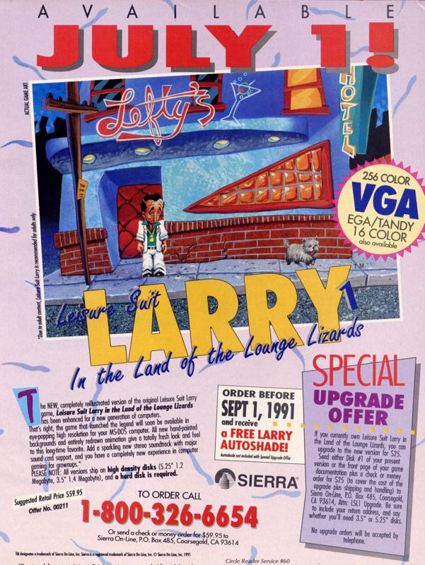 Leisure Suit Larry in the Land of the Lounge Lizards Magazine Advertisement (Magazine Advertisements): Computer Gaming World (United States) Issue 84 (July 1991)