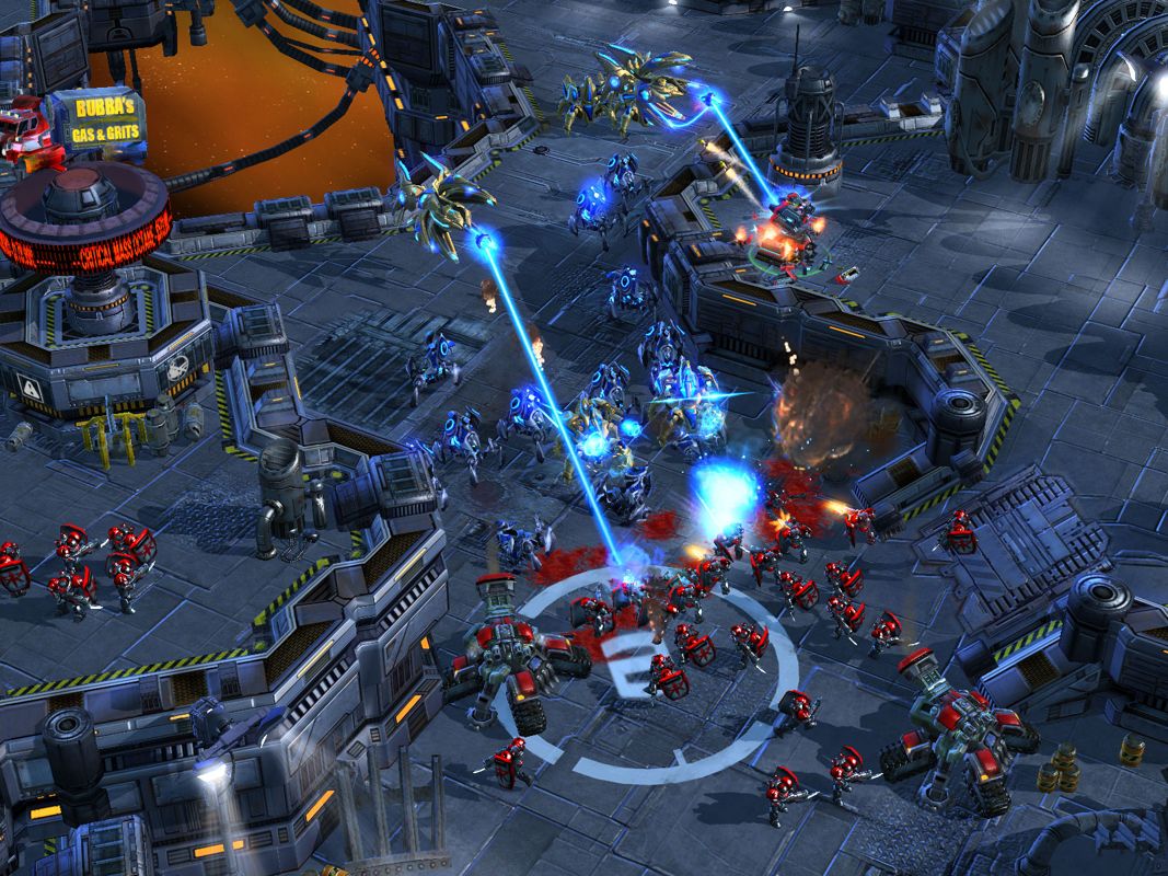 StarCraft II: Wings of Liberty Screenshot (Official website - Features - Protoss Units (2007-07-09)): Terrans block a chokepoint against Protoss invaders