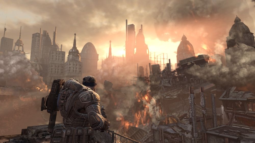 Gears of War 2 Screenshot (Xbox.com product page): Watching the destroyed skyline