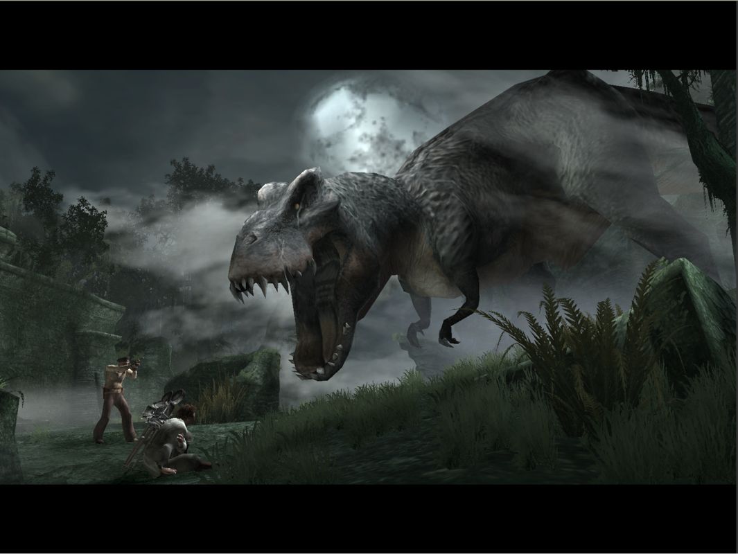 Peter Jackson's King Kong: The Official Game of the Movie Screenshot (Ubisoft Peter Jackson's King Kong Press Kit NYC): Chased by T-Rex