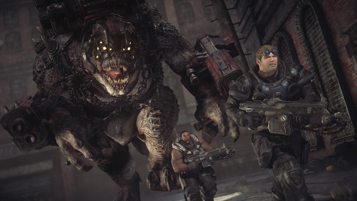 Gears of War: Ultimate Edition Screenshot (Xbox.com product page): Baird en Cole running from a Brumak