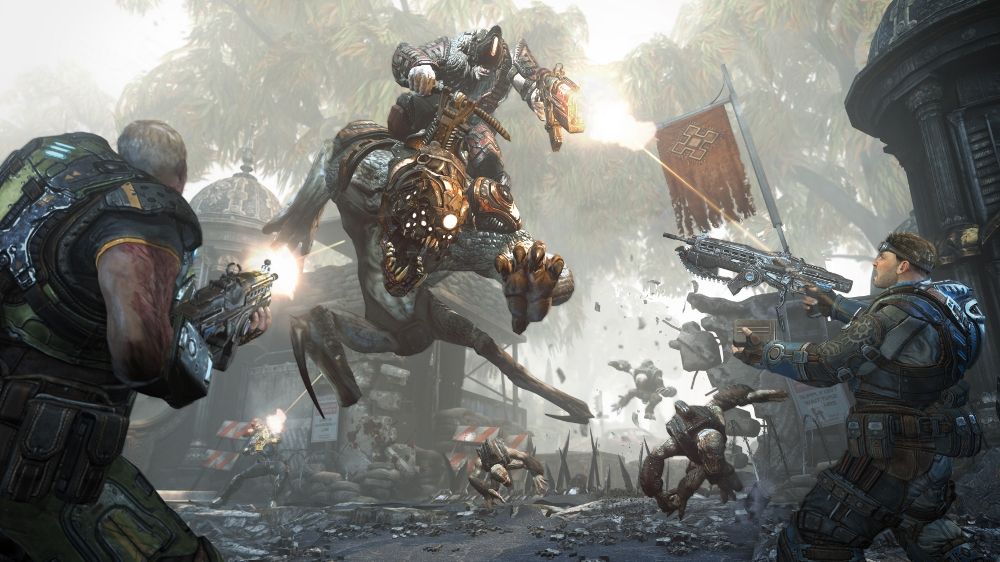 Gears of War: Judgment Screenshot (Xbox.com product page): Fighting a Bloodmount with its rider