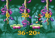 Amazing Learning Games with Rayman Screenshot (UbiSoft website (USA), 1996): Butterweed Bog: Adding and Subtracting The marshes in the jungle are teeming with water lilies, vines and swinging fruits. Finding the way in this green jungle is not easy, but every time Rayman answers a question correctly, the path will become more and more clear.
