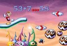 Amazing Learning Games with Rayman Screenshot (UbiSoft website (USA), 1996): Percussion Path: Comparisons To play in tune in the world of music, Rayman must master the big and the little: big sensations from the speed reached on the slick slopes, small vertigo on the rocket-maracas.