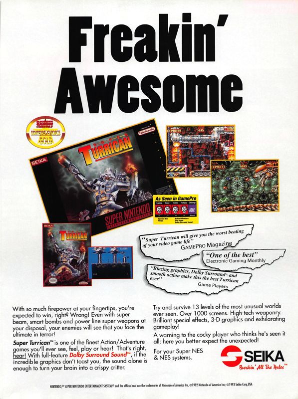 Super Turrican Magazine Advertisement (Magazine Advertisements): DieHard GameFan (United States), Volume 1 Issue 6 (May 1993)
