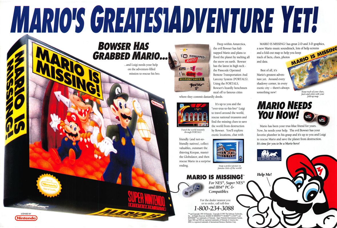 Mario is Missing! Magazine Advertisement (Magazine Advertisements): DieHard GameFan (United States), Volume 1 Issue 8 (July 1993)