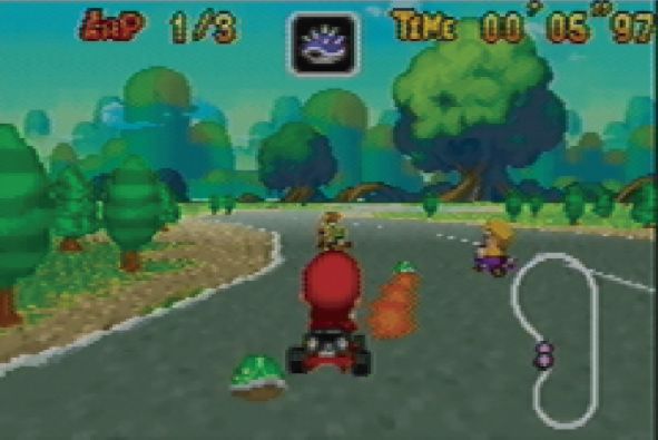 Mario Kart: Super Circuit Screenshot (Nintendo Space World 2000 Press CD): Screenshot 1 Notice abundant foliage and firing effects that are absent from final version.