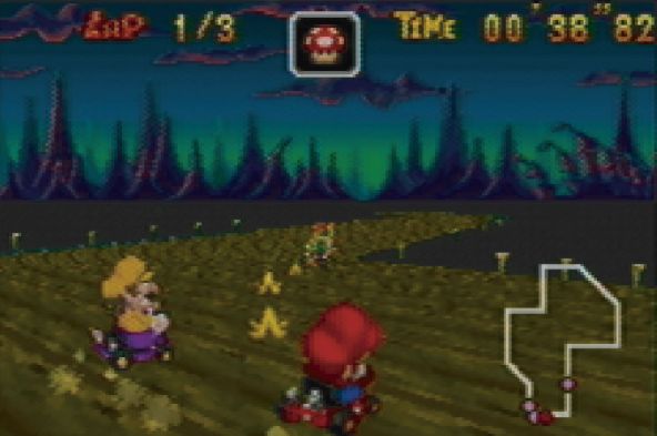 Mario Kart: Super Circuit Screenshot (Nintendo Space World 2000 Press CD): Screenshot 2 Early screenshot of Boo Lake. Note the character body proportions.