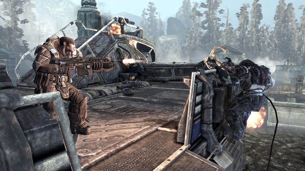 Gears of War 2 Screenshot (Xbox.com product page): Fighting on the back of a Rig