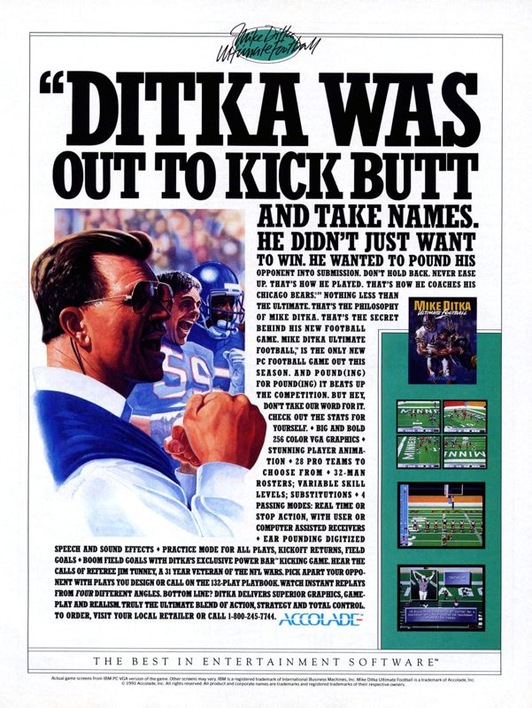 Mike Ditka Ultimate Football Magazine Advertisement (Magazine Advertisements): Computer Gaming World (United States) Issue 88 (November 1991)