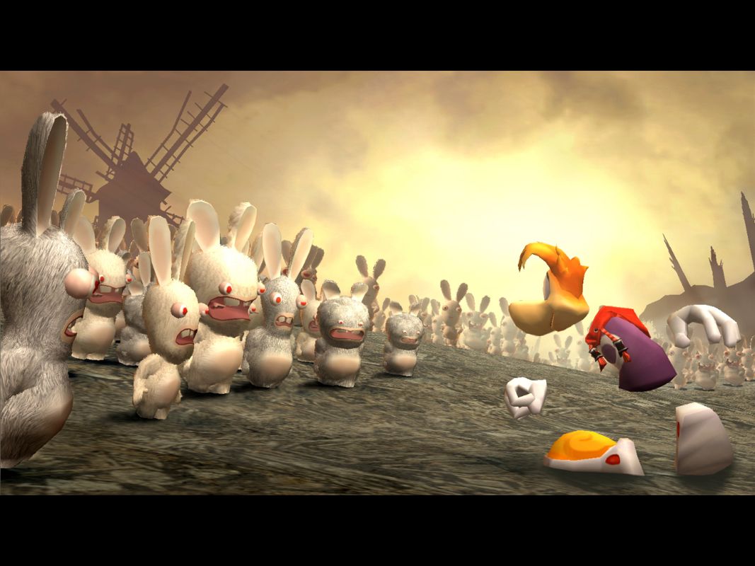 Rayman: Raving Rabbids Screenshot (Nintendo Wii Preview CD): Ray Facing Bunnies