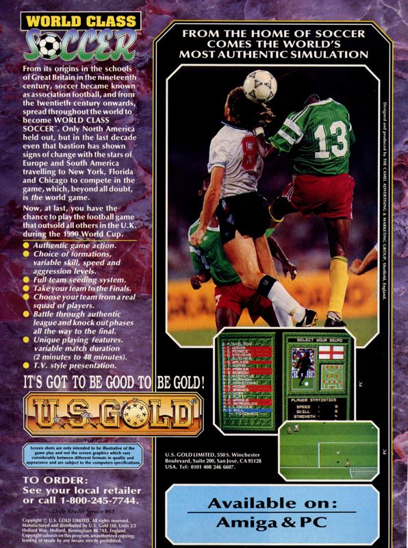 World Class Soccer Magazine Advertisement (Magazine Advertisements): Computer Gaming World (United States) Issue 83 (June 1991)