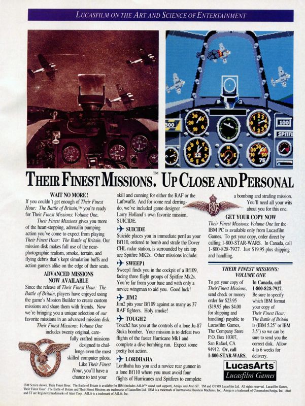 Their Finest Missions: Volume One Magazine Advertisement (Magazine Advertisements): Computer Gaming World (United States) Issue 84 (July 1991)
