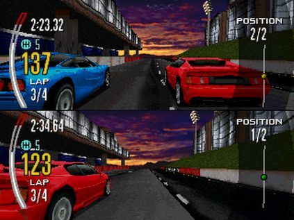 Need for Speed II Screenshot (Official website - screenshots (1997)): Passing in split screen mode. PlayStation screenshot